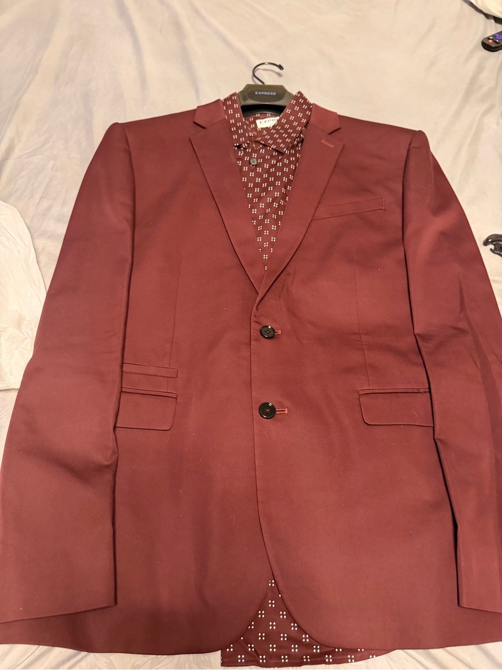 Express Men's Burgundy Two-Button Blazer comes with tie and shirt